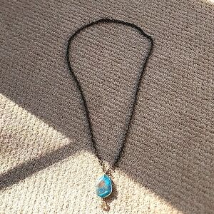 Long turquoise stone bead pendant brushed bronze look metal chain necklace